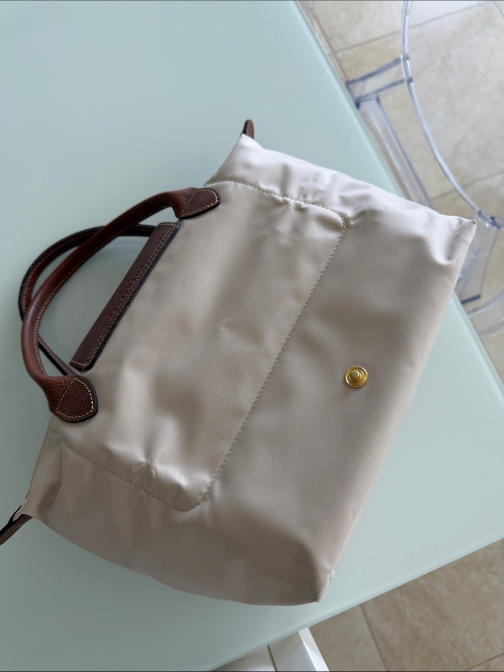 Longchamp Cream Tote with Brown Leather Trim - Picture 4 of 6
